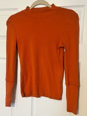 Free People Ribbed Long-Sleeve Mock Neck Top Tight - Orange Cotton Bohemian